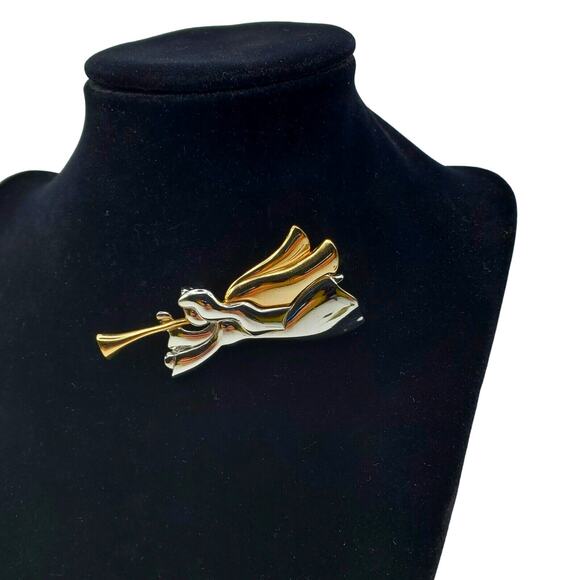 Liz Claiborne Angel Trumpet Brooch Gold & Silver Vintage Pin Playing Horn - Picture 4 of 5